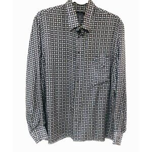 GERLIN Geometric Silk Shirt Men L Italy Button Down Black Gray Business Career